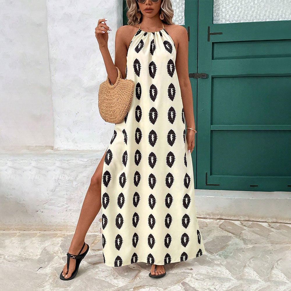 Cream Printed Halter Neck Slit Dress
