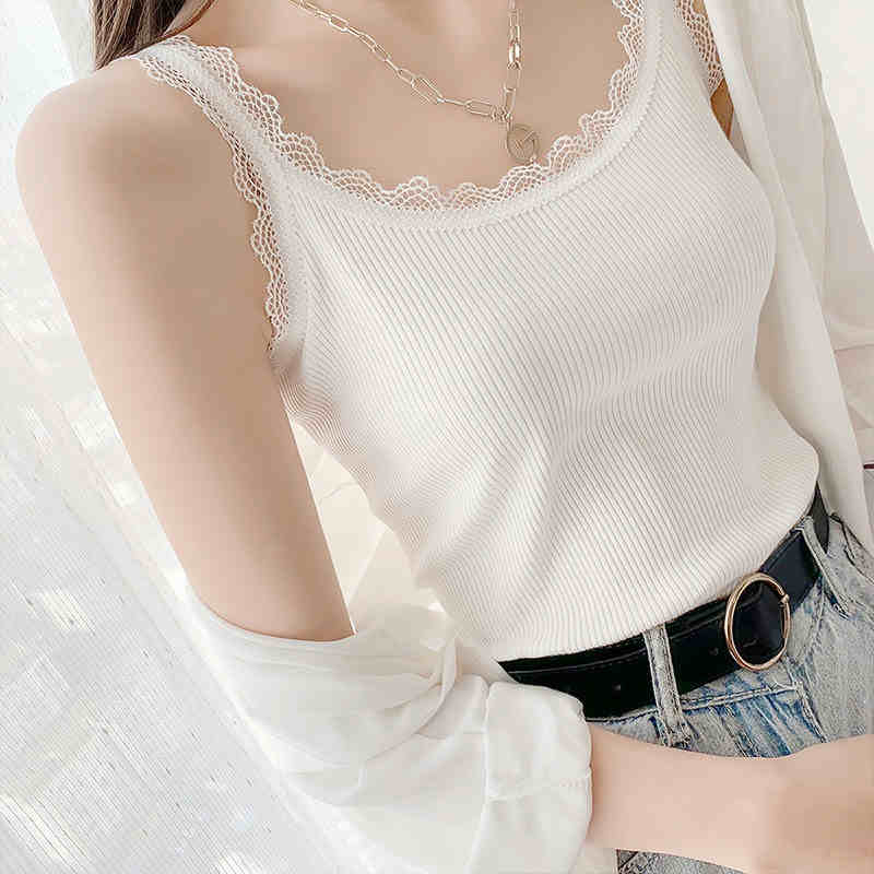 White Shoulder Strap Lace Trim Top