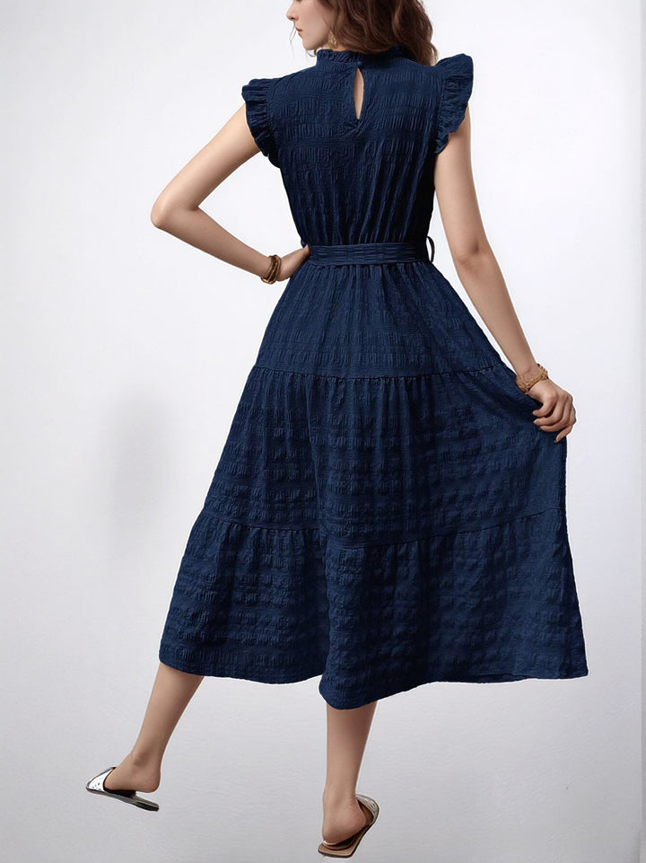 Navy Blue Short Ruffle Sleeve Mock Neck Dress