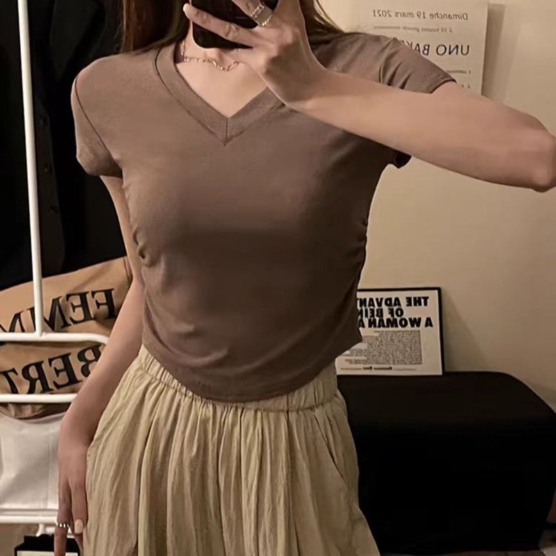 Brown Basic Solid V Neck T-Shirt
