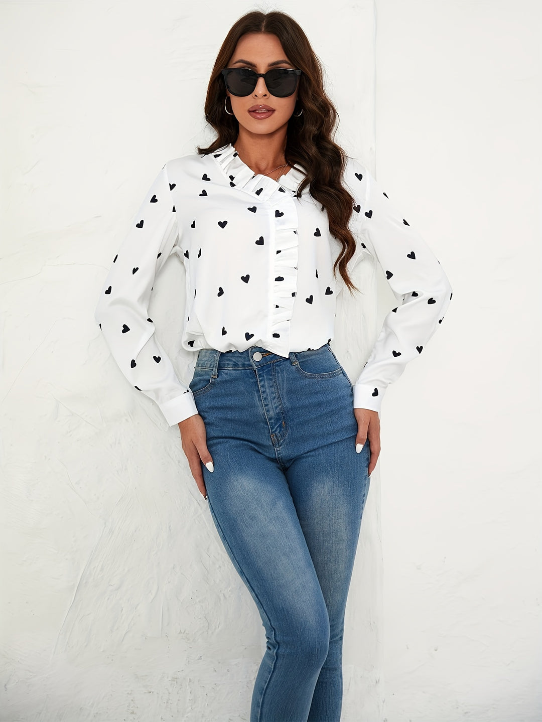 White Heart Print Shirt With Ruffle Detail