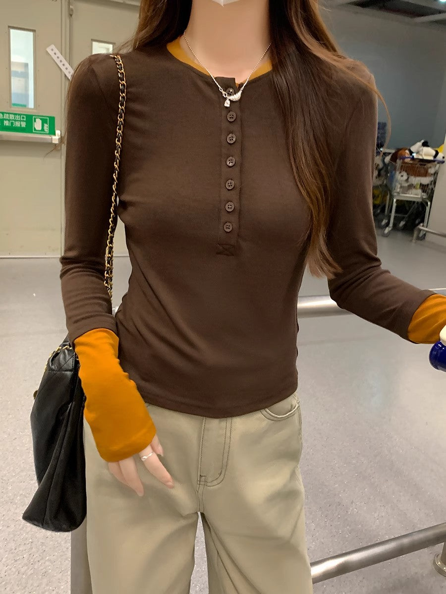 Brown Button Down Round Neck Top