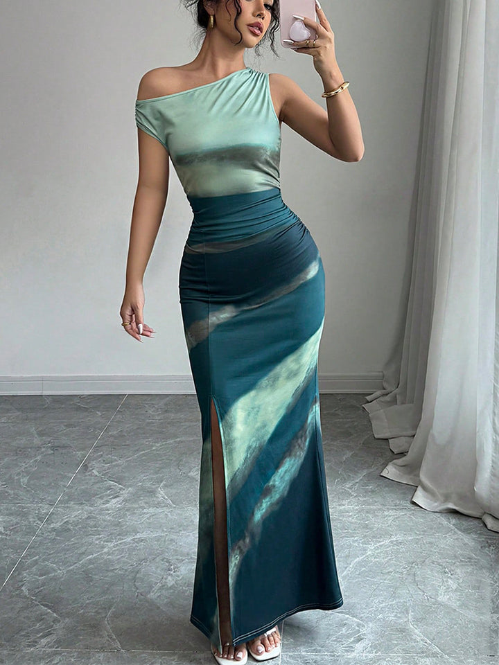Green One Shoulder Printed Slit Dress