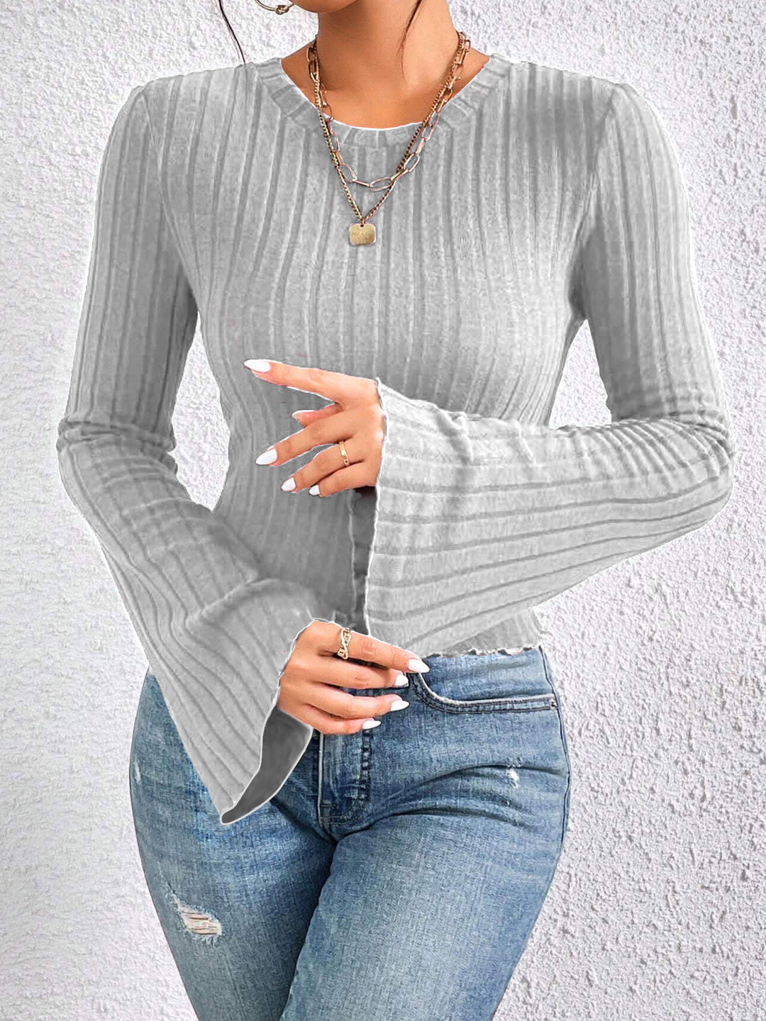 Grey Bell Sleeves Solid Top