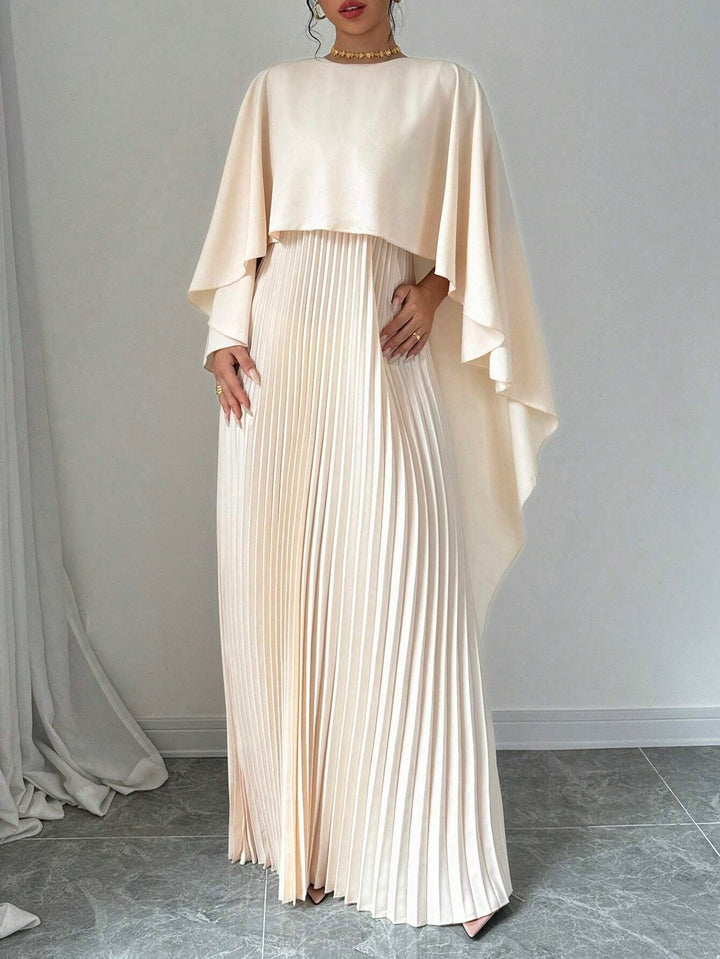 Cream Crew Neck Coverup Pleated Dress