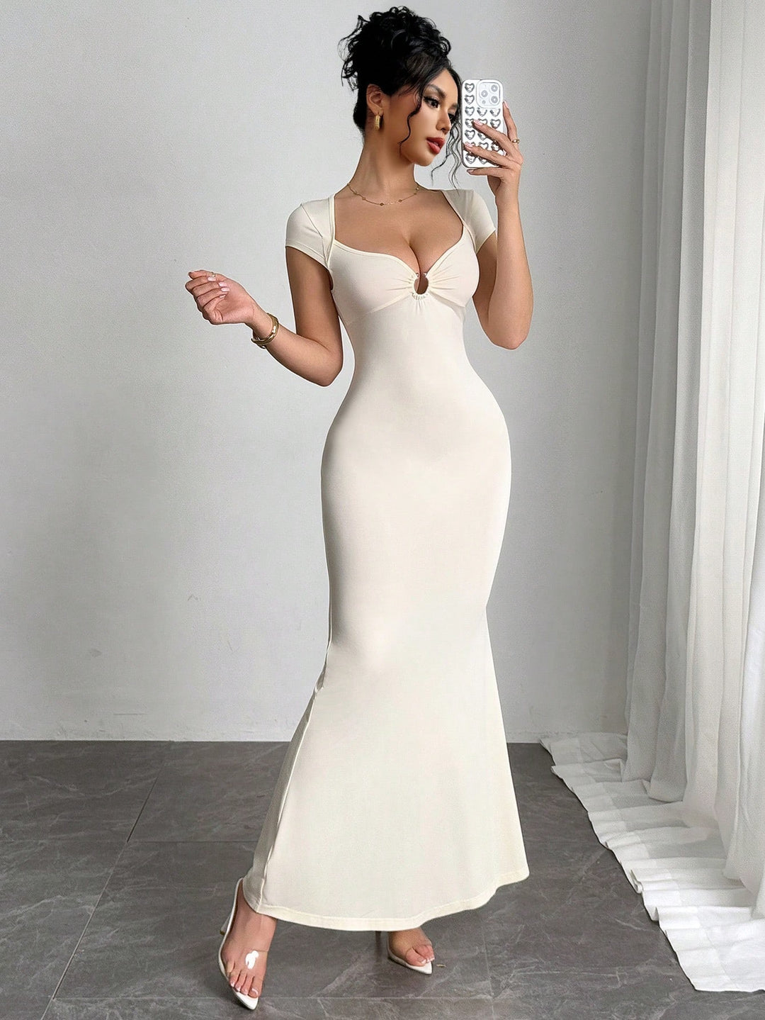 Beige Short Sleeve Metal Attached Dress