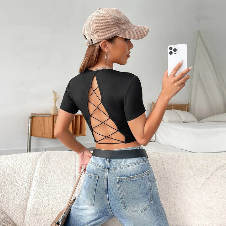 Black Short Sleeve Back Tie-Up Detail Top