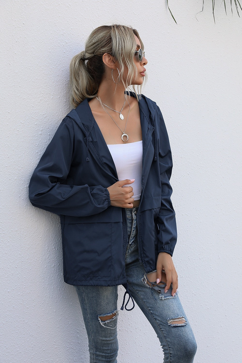 Dark Blue Zipper Hoodie Light Weight Jacket