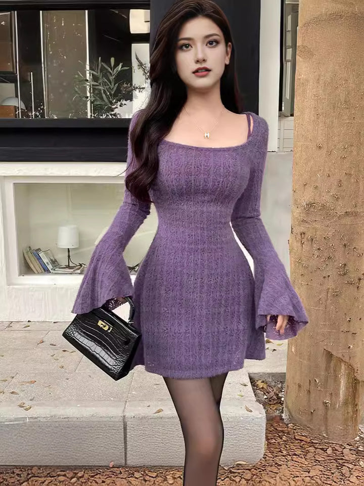 Purple Square Neck Textured Dress