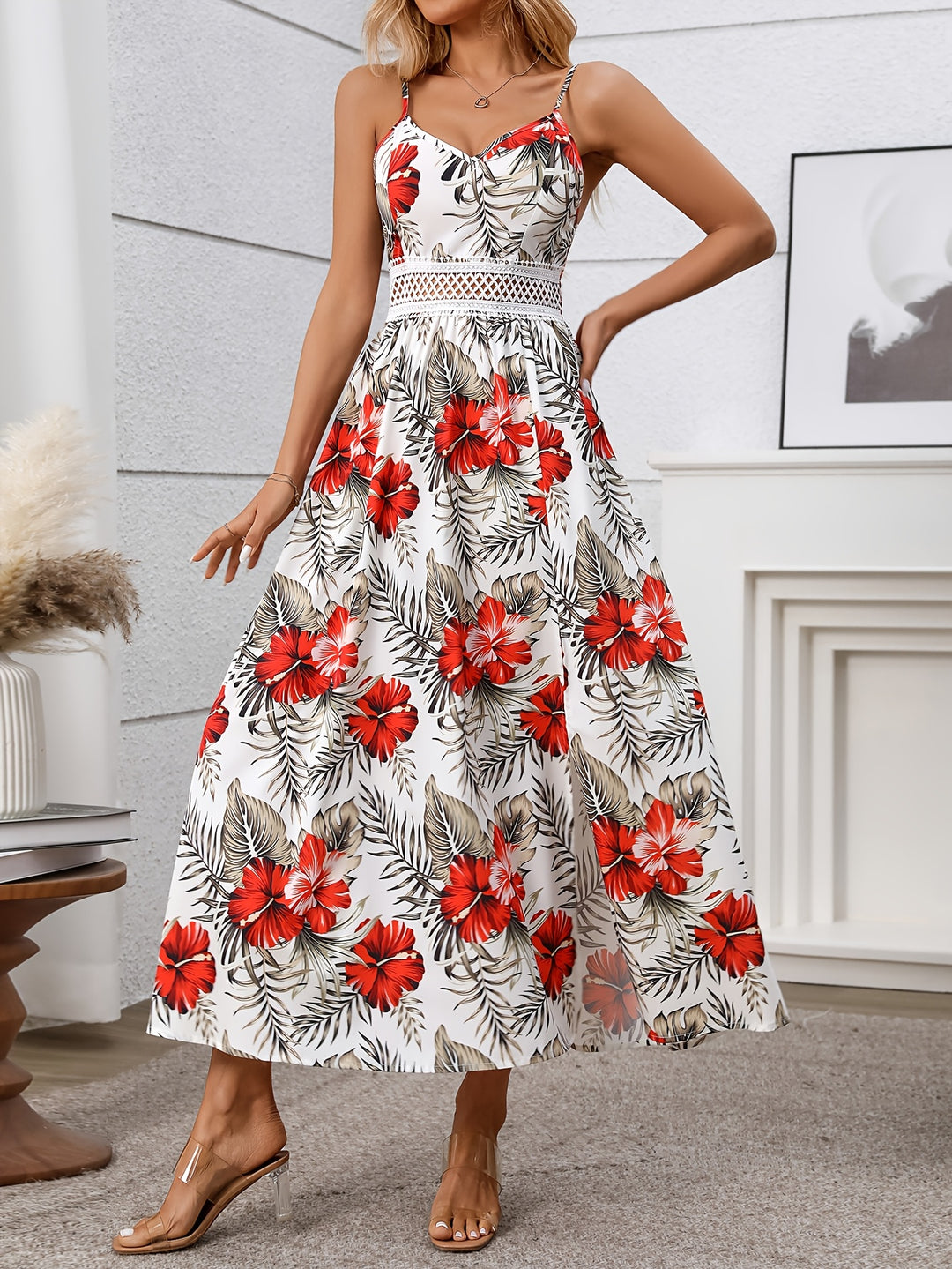 White Strappy Printed Cinched Waist Dress