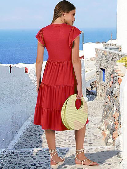 Red High V Neck Tiered Dress With Pockets