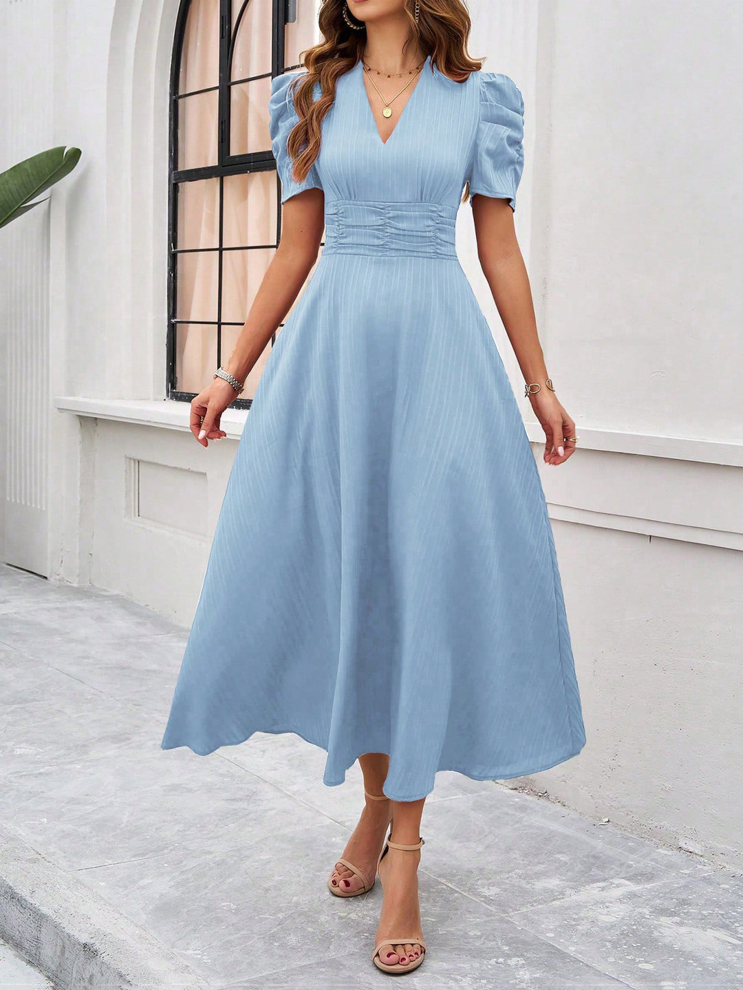 Blue Fit And Flare Midi Dress