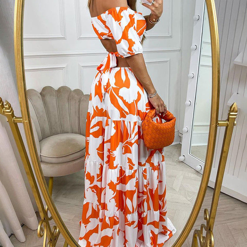 Orange Printed Off-Shoulder Cut Out Dress
