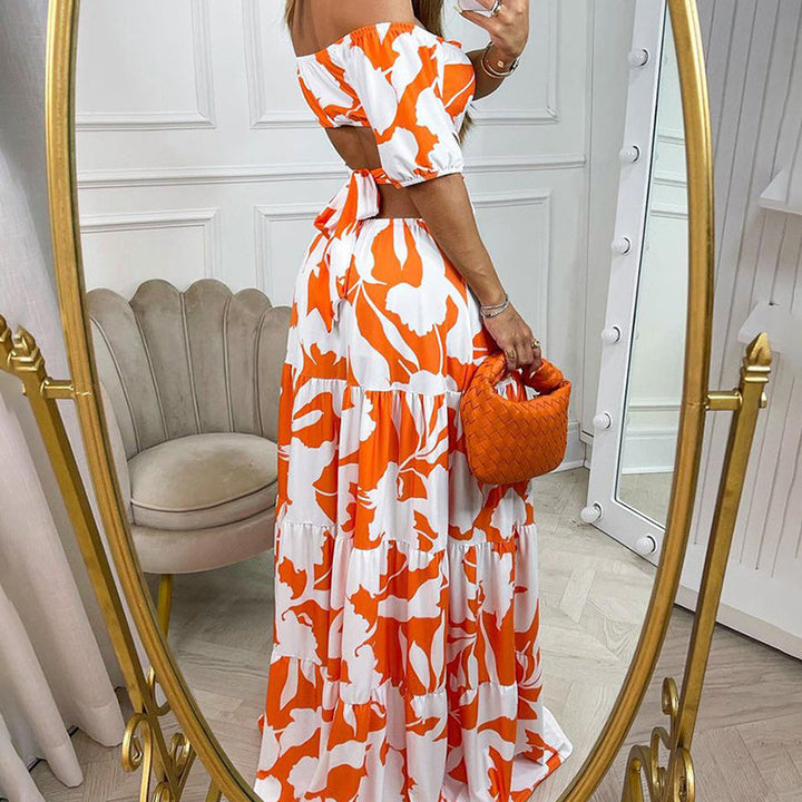 Orange Printed Off-Shoulder Cut Out Dress
