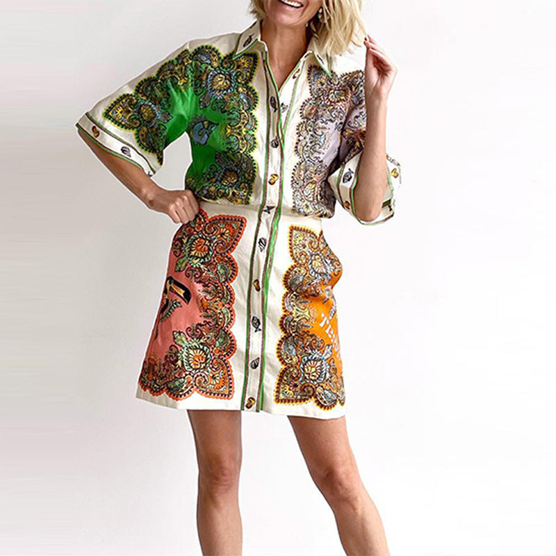 White Placement Print Shirt Dress
