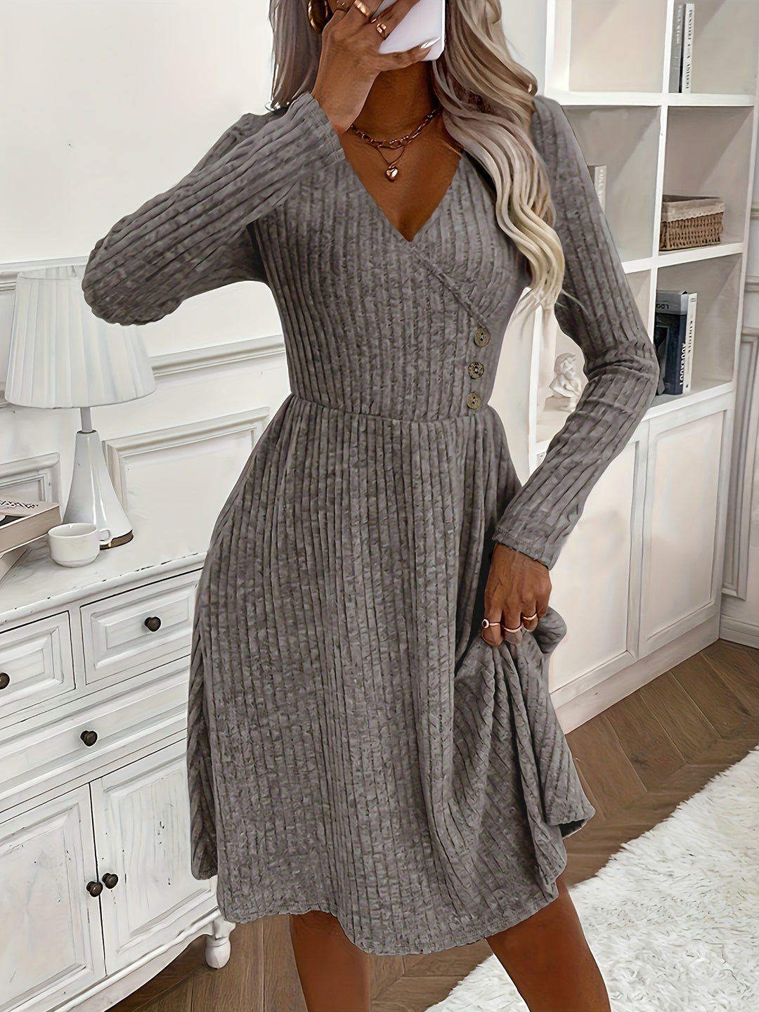 Grey Wide Ribbed Wrap Dress