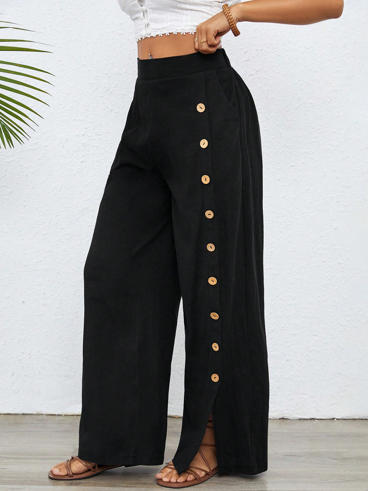 Black Side Button Detailing Pant