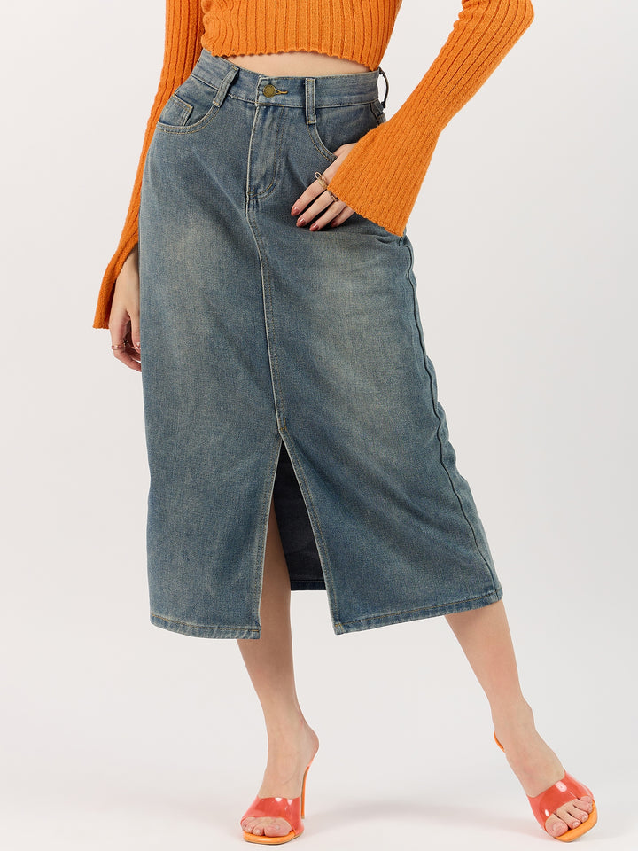 Blue Washed Denim Slit Skirt
