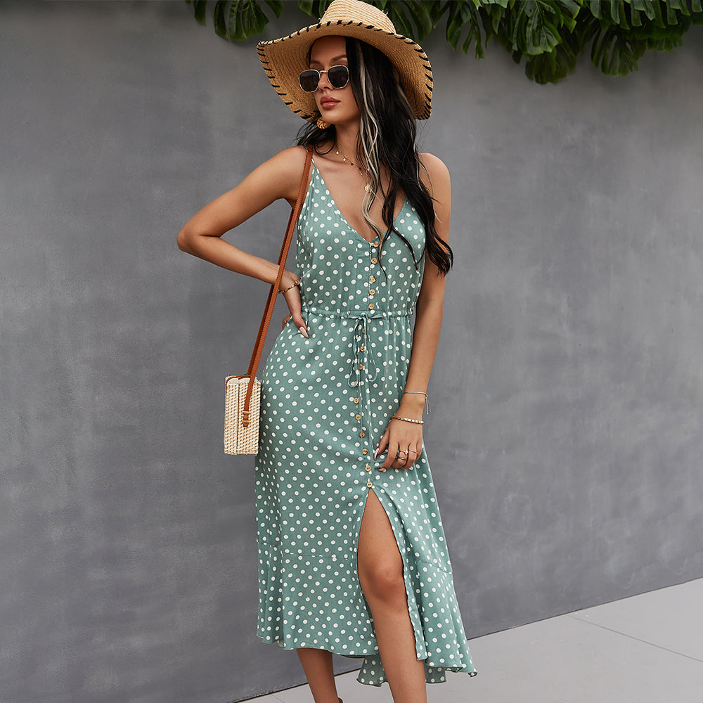 Green Front Buttoned Midi A-Line Dress