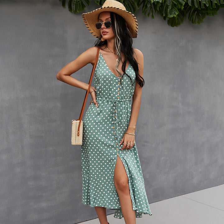 Green Front Buttoned Midi A-Line Dress