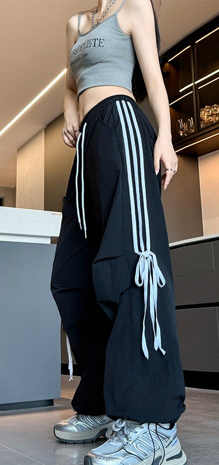 Black Wide Leg Drawstring Stripe Pin Tuck Sweatpants