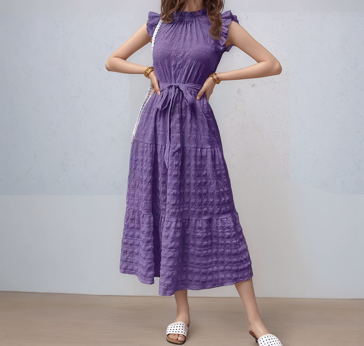 Purple Short Ruffle Sleeve Mock Neck Dress