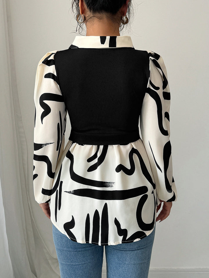 Black Printed Contrast Full Sleeved Top
