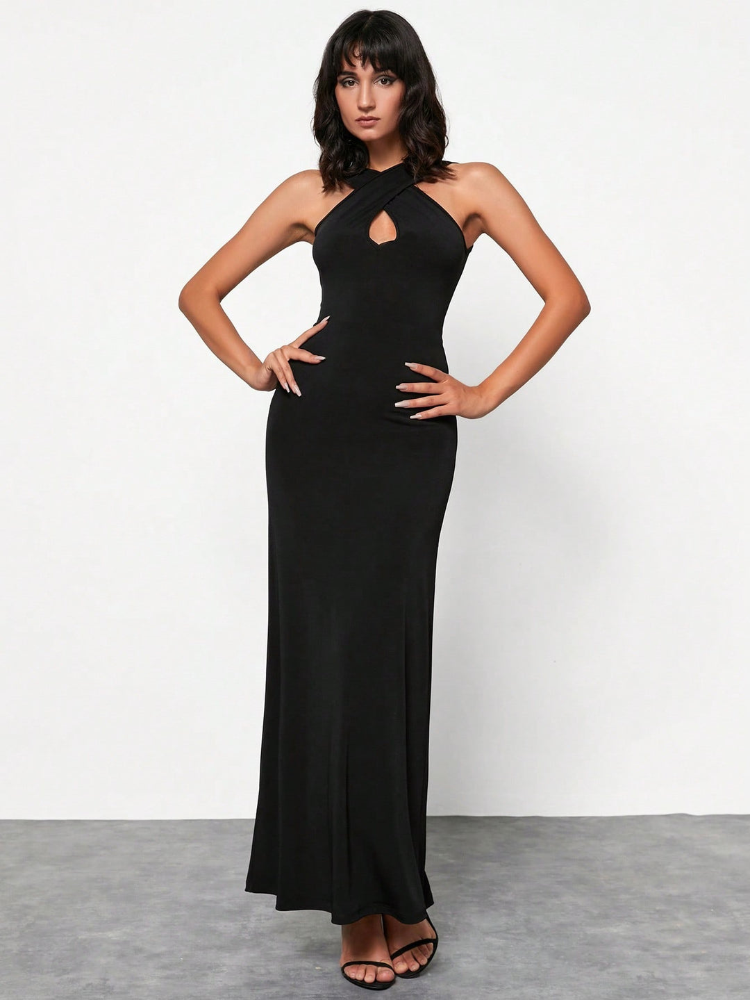 Black Cross Halter Neck Back Tie-Up Dress