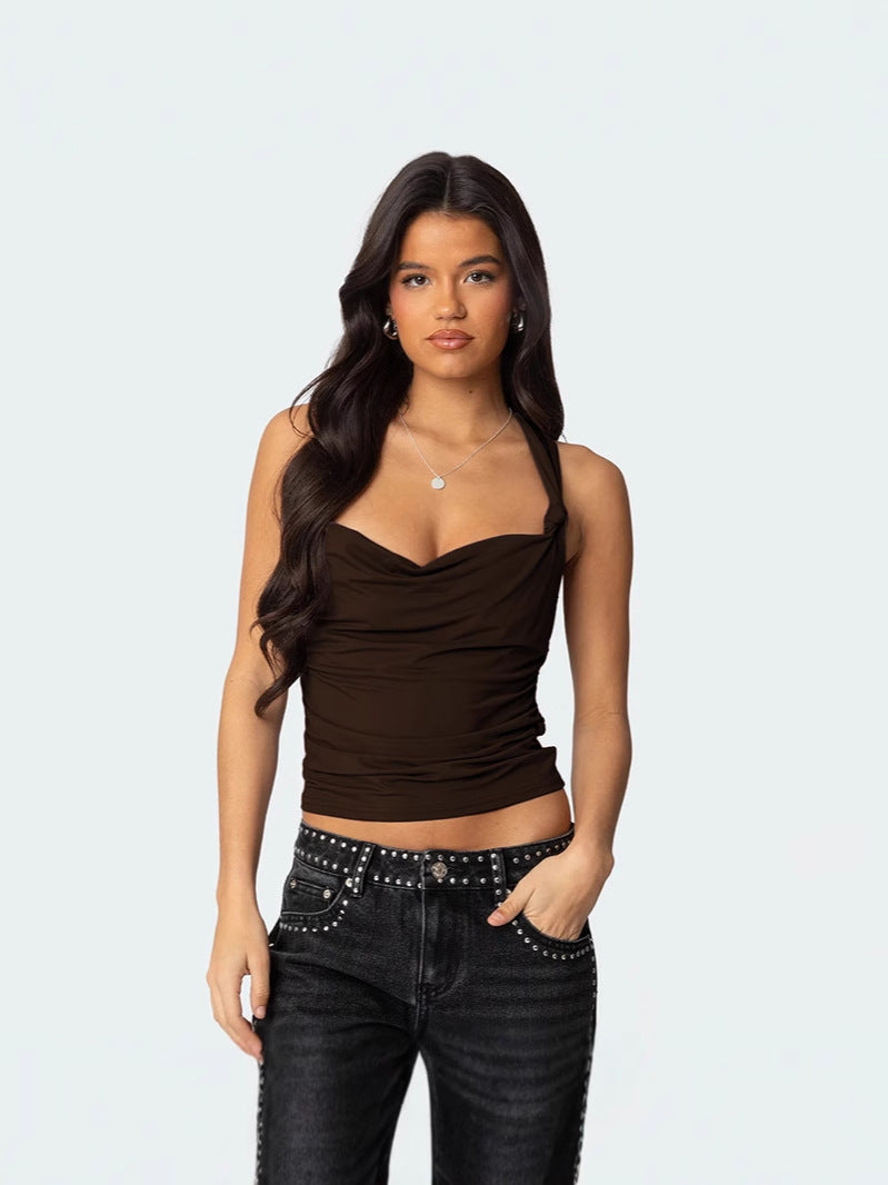 Brown Low Cut Knotted Tank Top