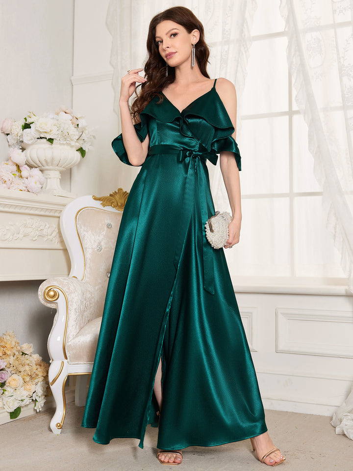 Dark Green Cold Shoulder Spaghetti Strap Dress