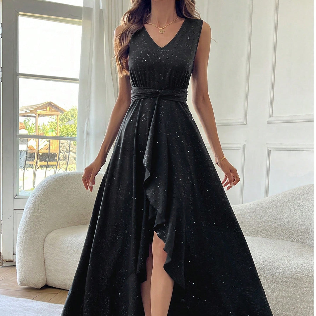 Black Sleeveless V-Neck Wrap Dress