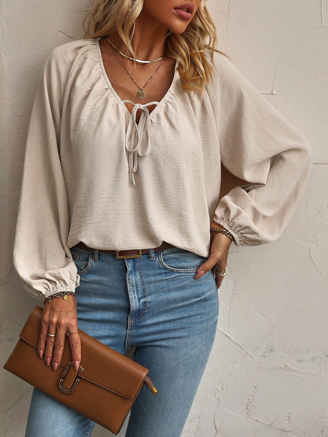 Khaki Tie Up Blouson Top