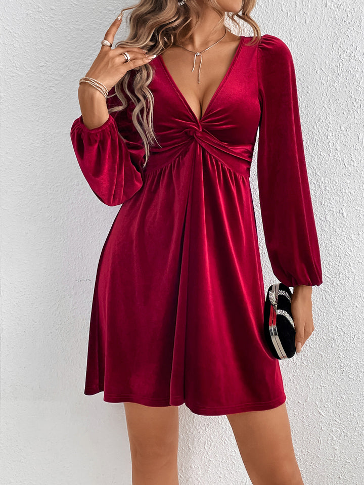 Red V Neck Velour Flouncy Dress