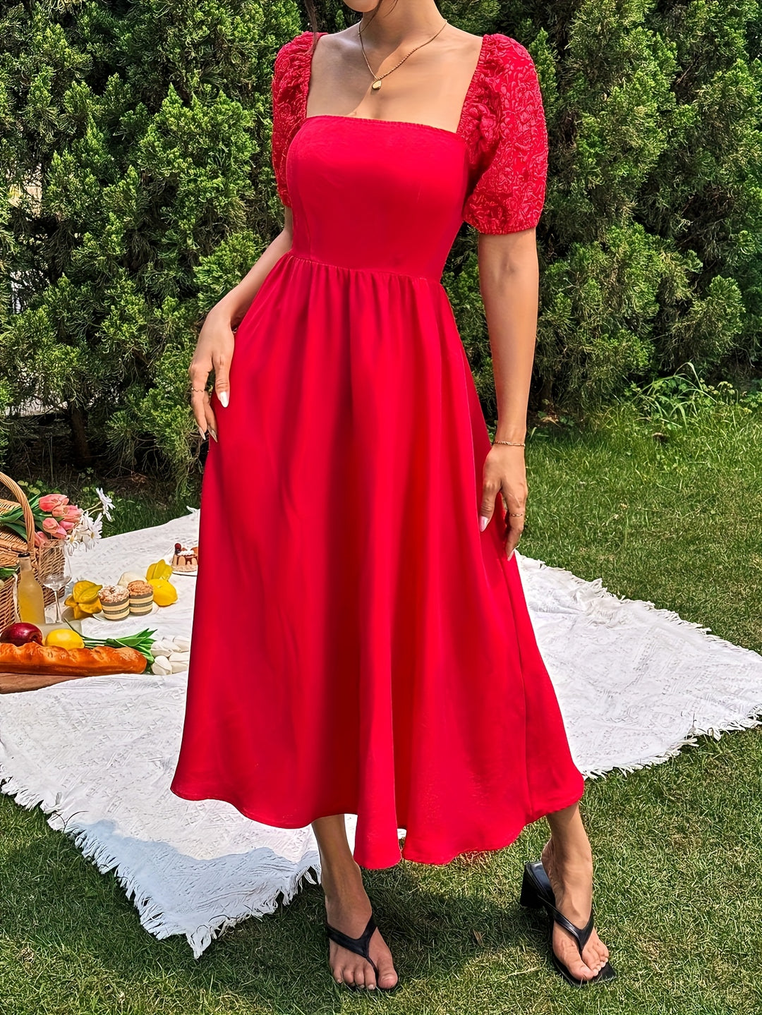 Red Square Neck Puff Sleeved Dress