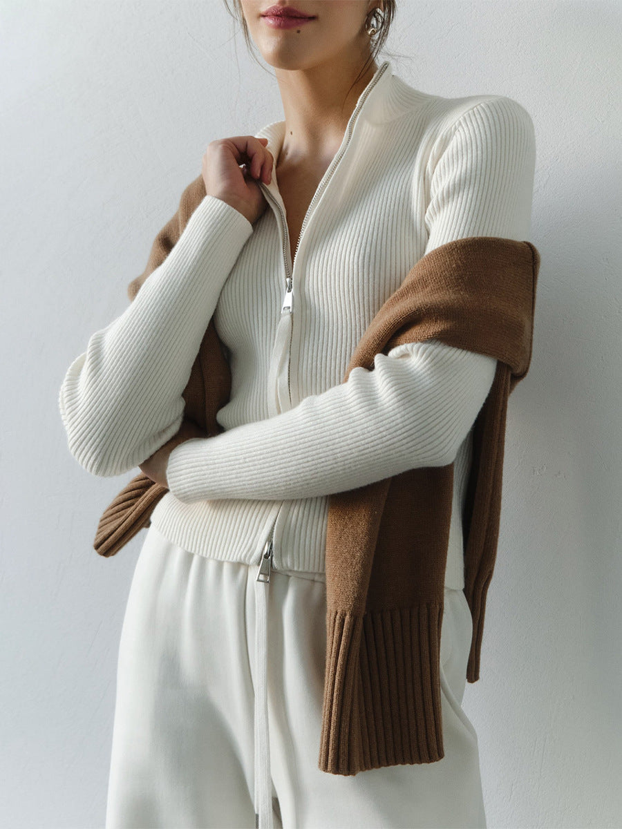 White Dual Zipper Solid Sweater