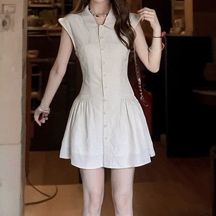 Cream Dropped Hem Gathered Shirt Dress with Waist Cap Sleeves