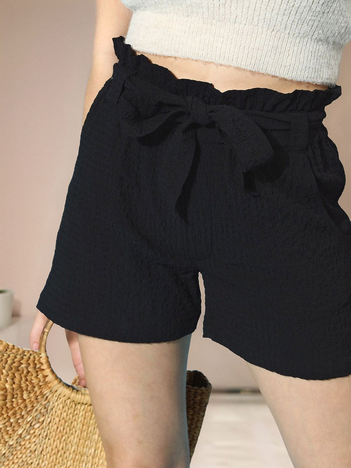 Black Elasticated Waist Tie-Up Shorts