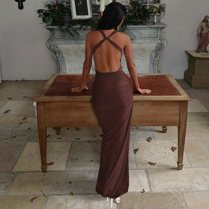 Brown Cowl Neck Ruched A-Line Maxi Dress