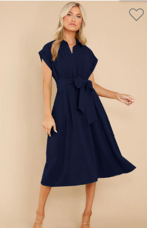 Navy Blue Button Down Tie Up Dress