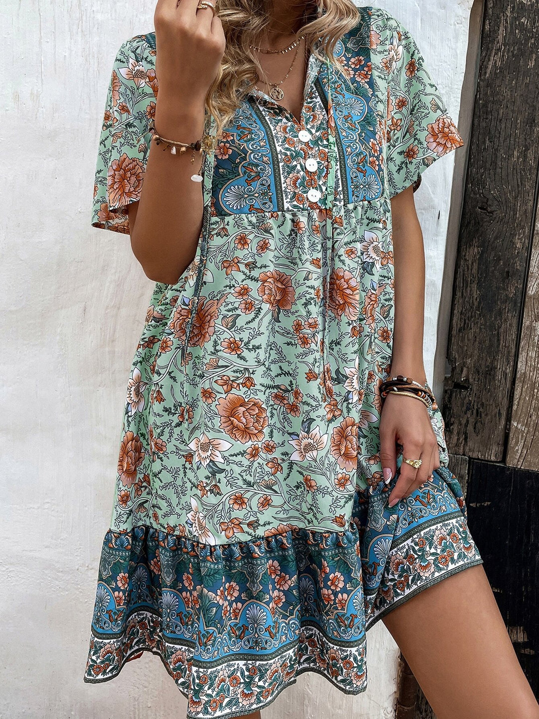 Green Half Sleeved Relaxed Fit Dress