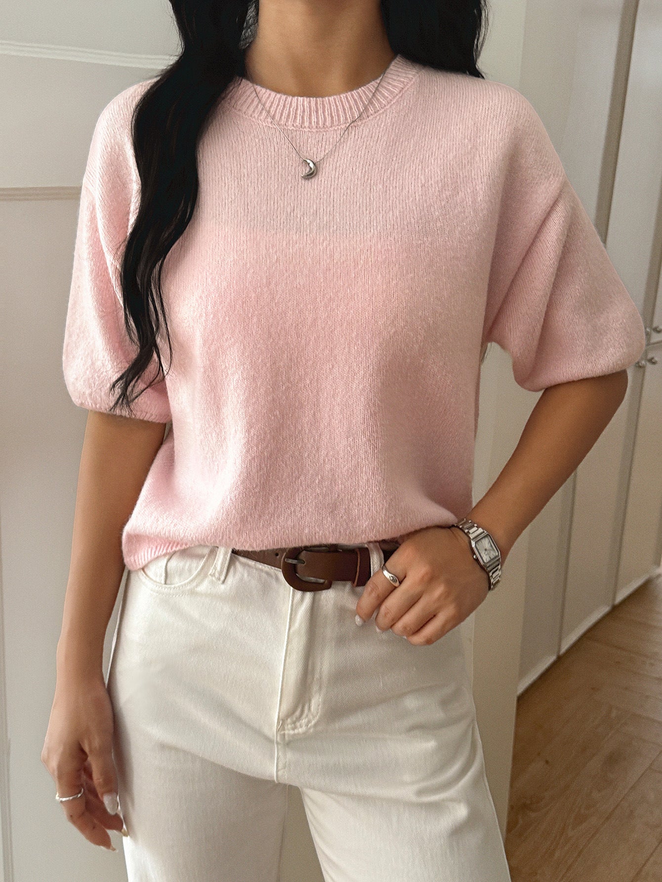 Pink Solid Casual Pull Over