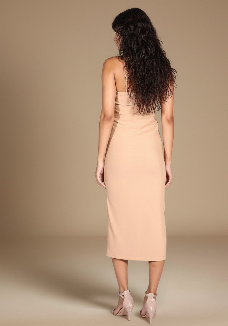 Beige Spaghetti Strap Round Neck Side Slit Dress