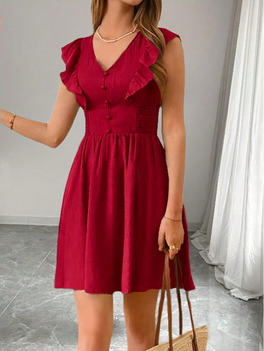 Red Ruffle Sleeve V-Neck Dress