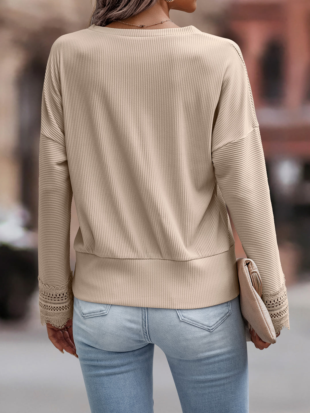 Khaki V Neck Top With Lace Inserts