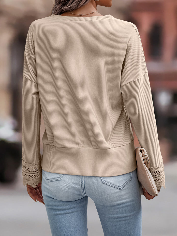 Khaki V Neck Top With Lace Inserts