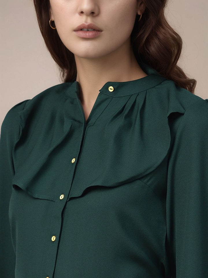 Green Full Sleeve Ruffle Neck Top