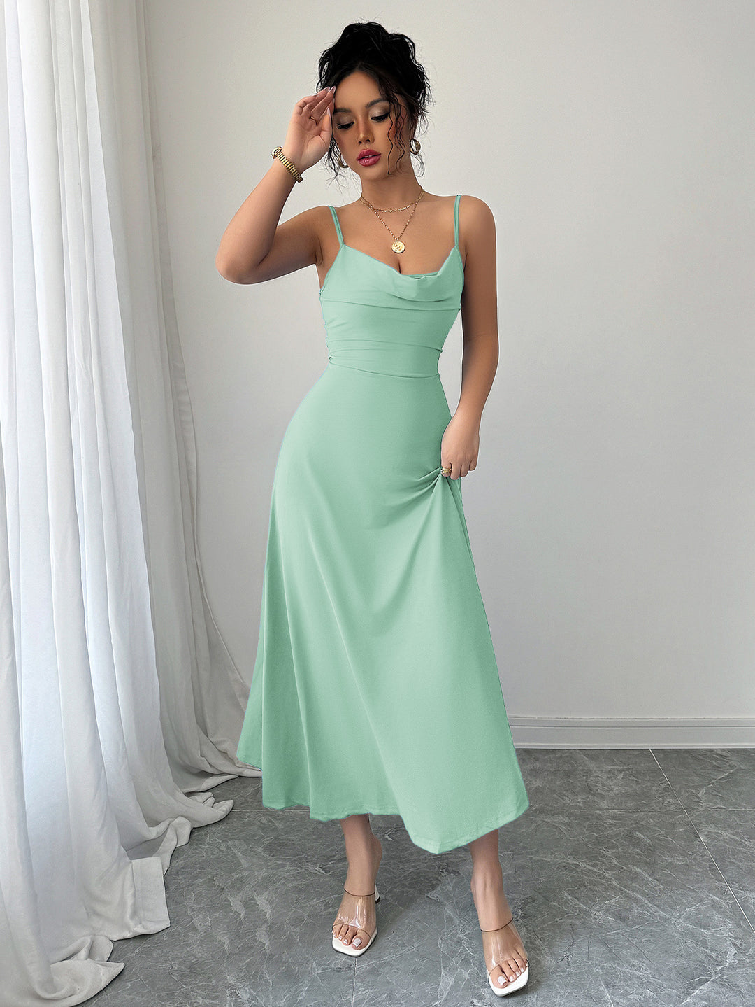 Green Cowl Neck Cinched Fit & Flare Dress