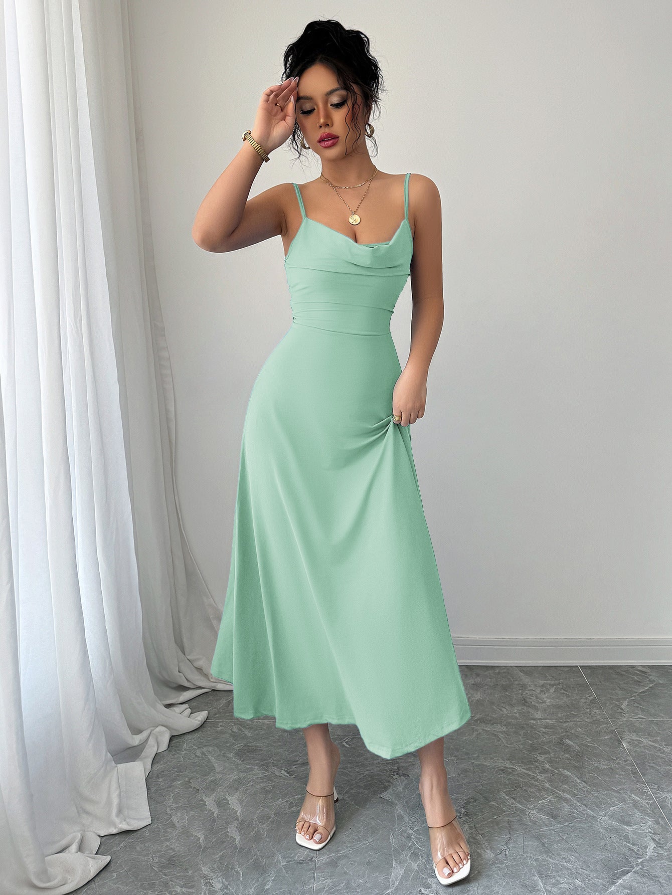 Green Cowl Neck Cinched Fit & Flare Dress