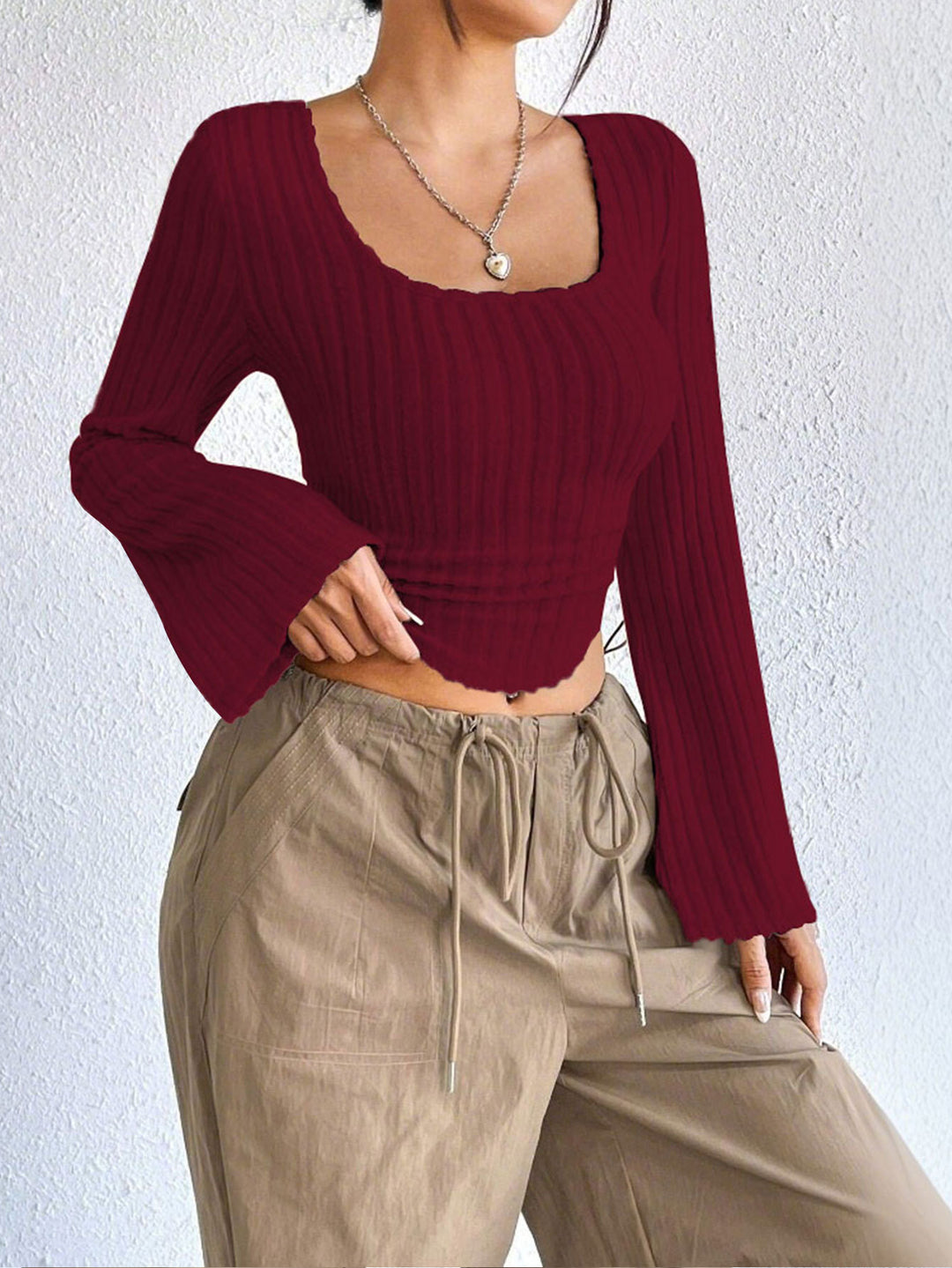 Wine Bell Sleeve U-Hem Top