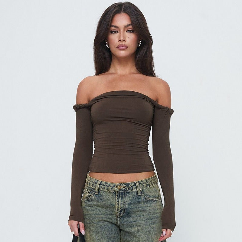 Brown Bardot Fitted Top With Full Sleeves